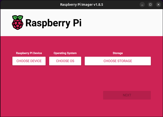 Raspberry Pi Imager Start Screen